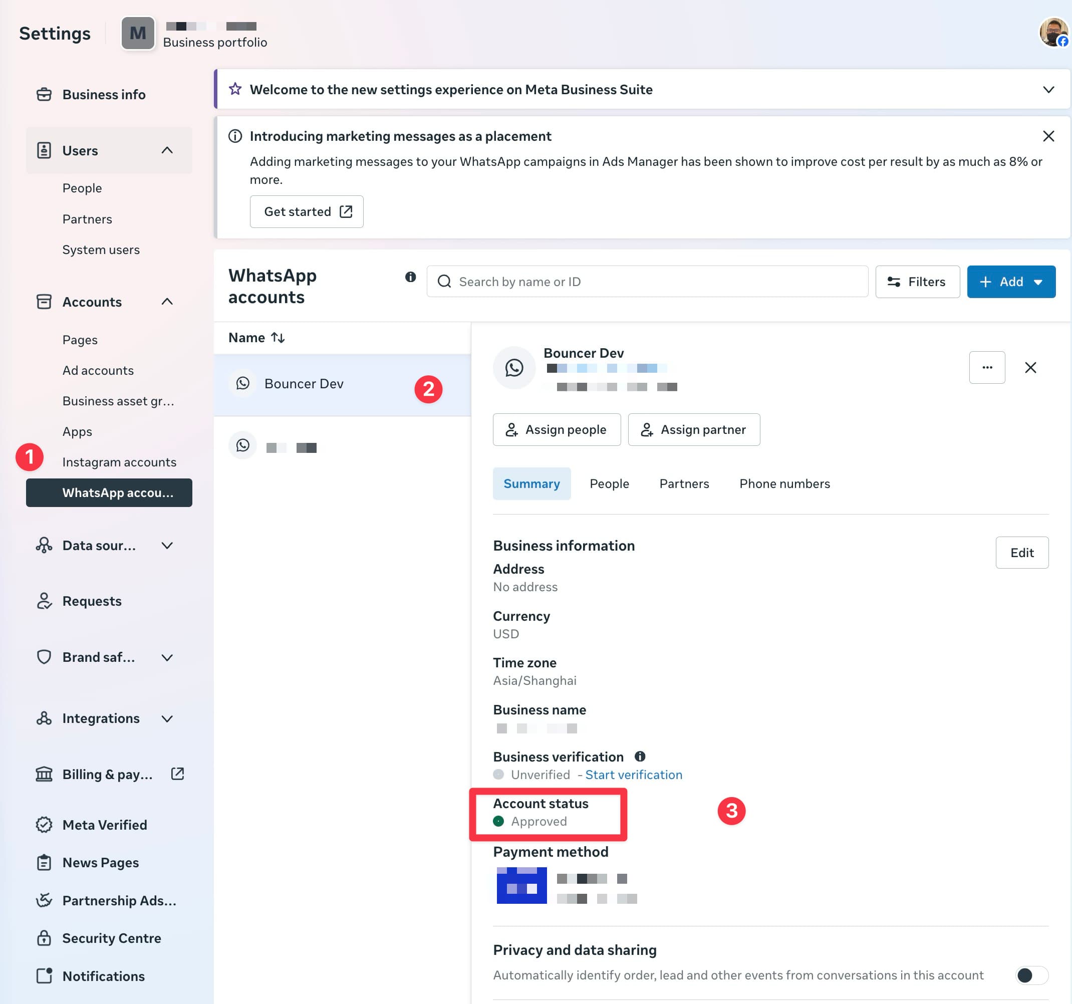 WhatsApp account approval status