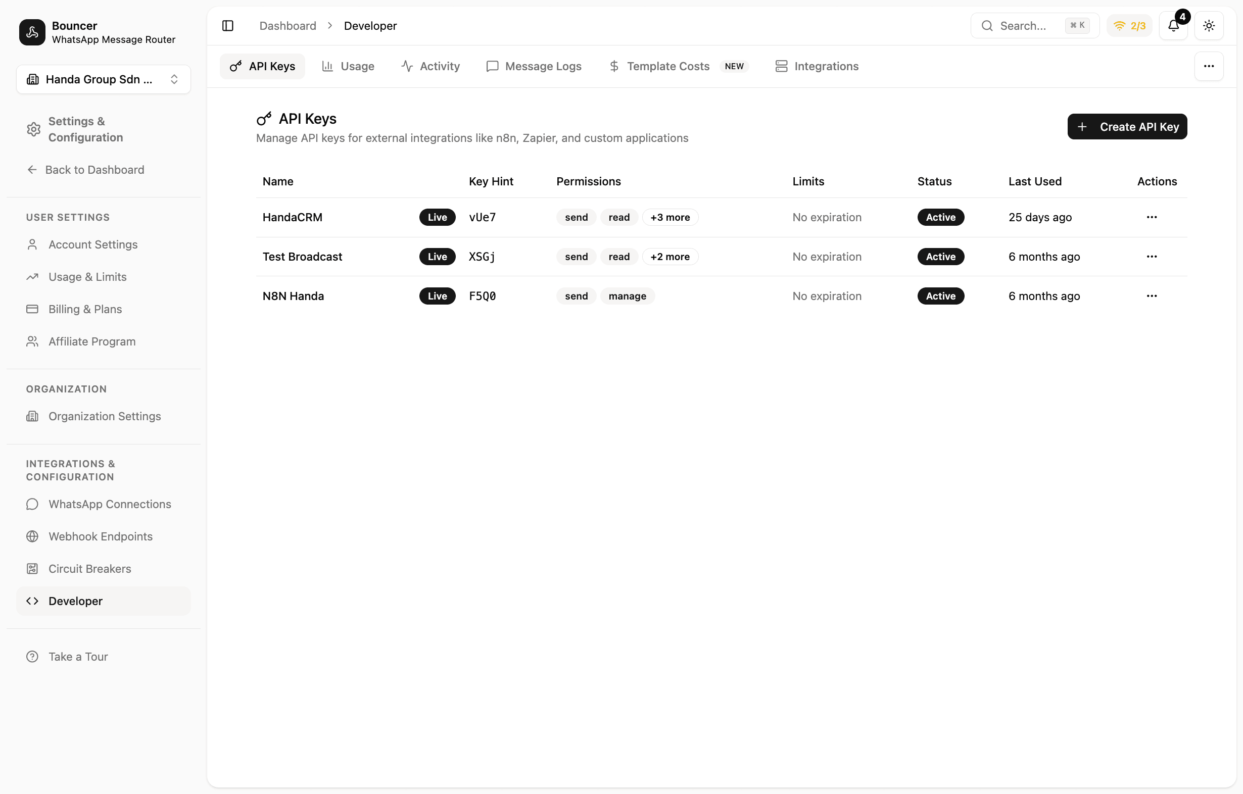 Bouncer Developer dashboard - API Keys tab