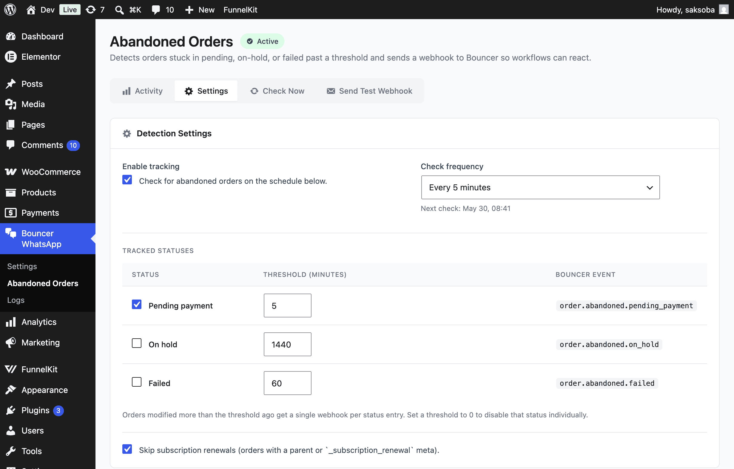 Abandoned Orders detection settings with per-status thresholds