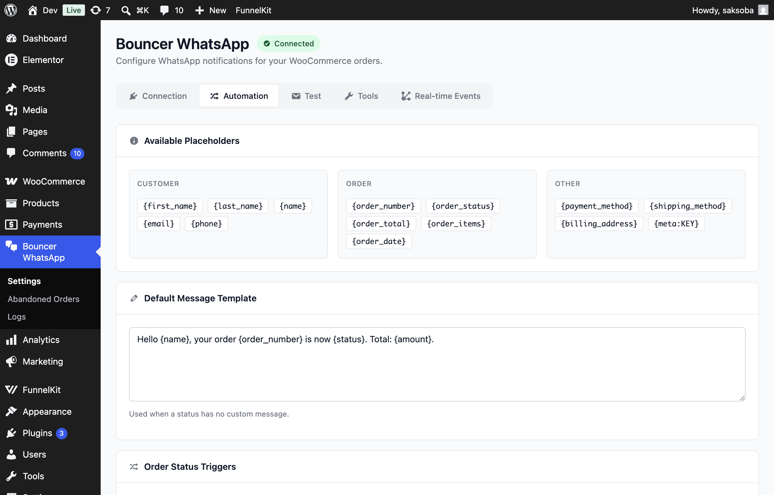 Bouncer WhatsApp Automation tab with placeholders and message template