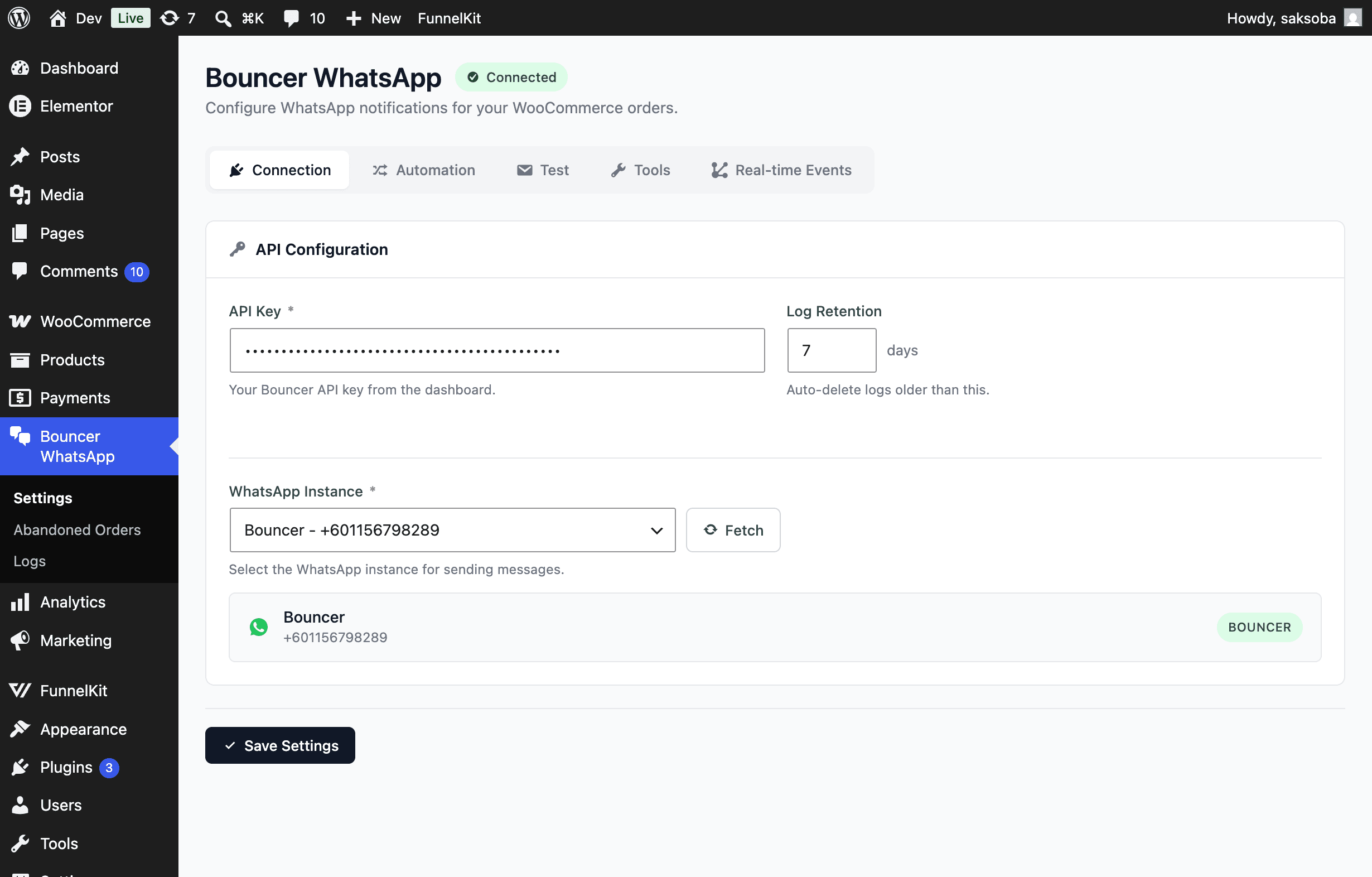 Bouncer WhatsApp Connection settings