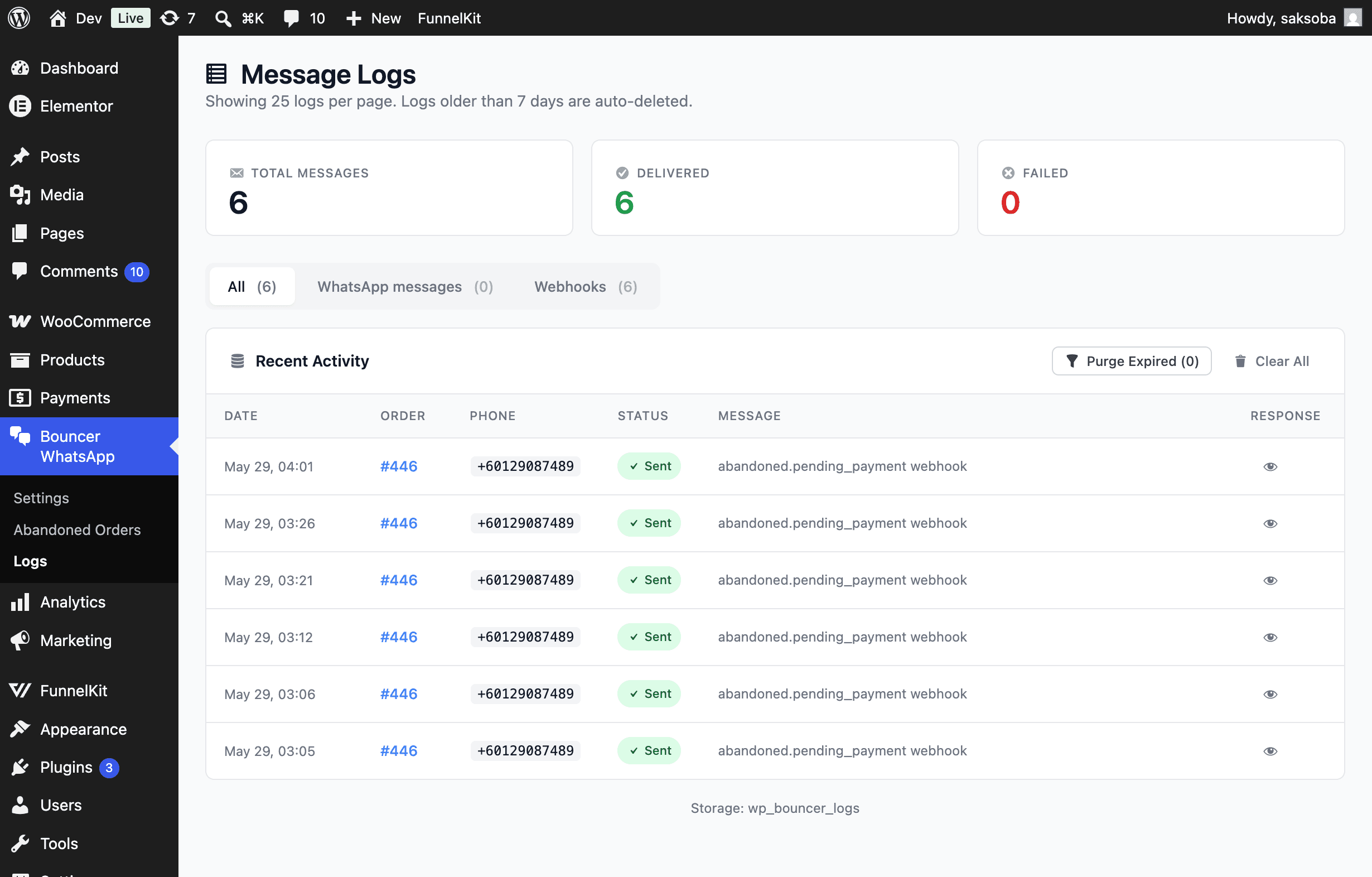 Bouncer WhatsApp message logs