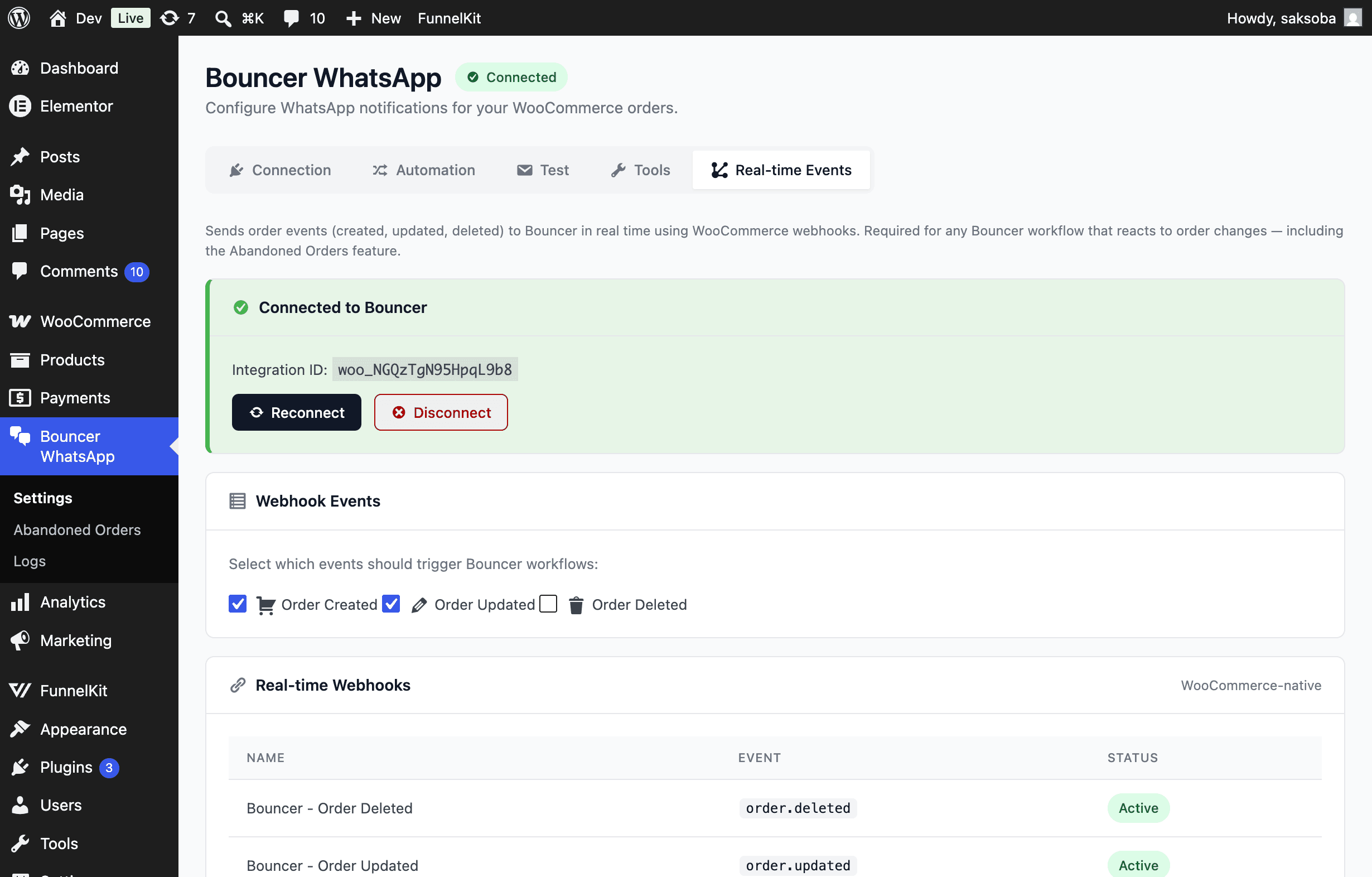 Bouncer WhatsApp Real-time Events tab