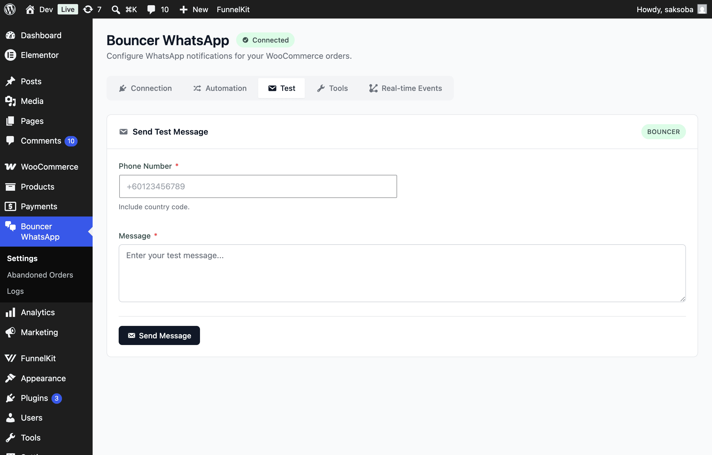 Bouncer WhatsApp Test tab