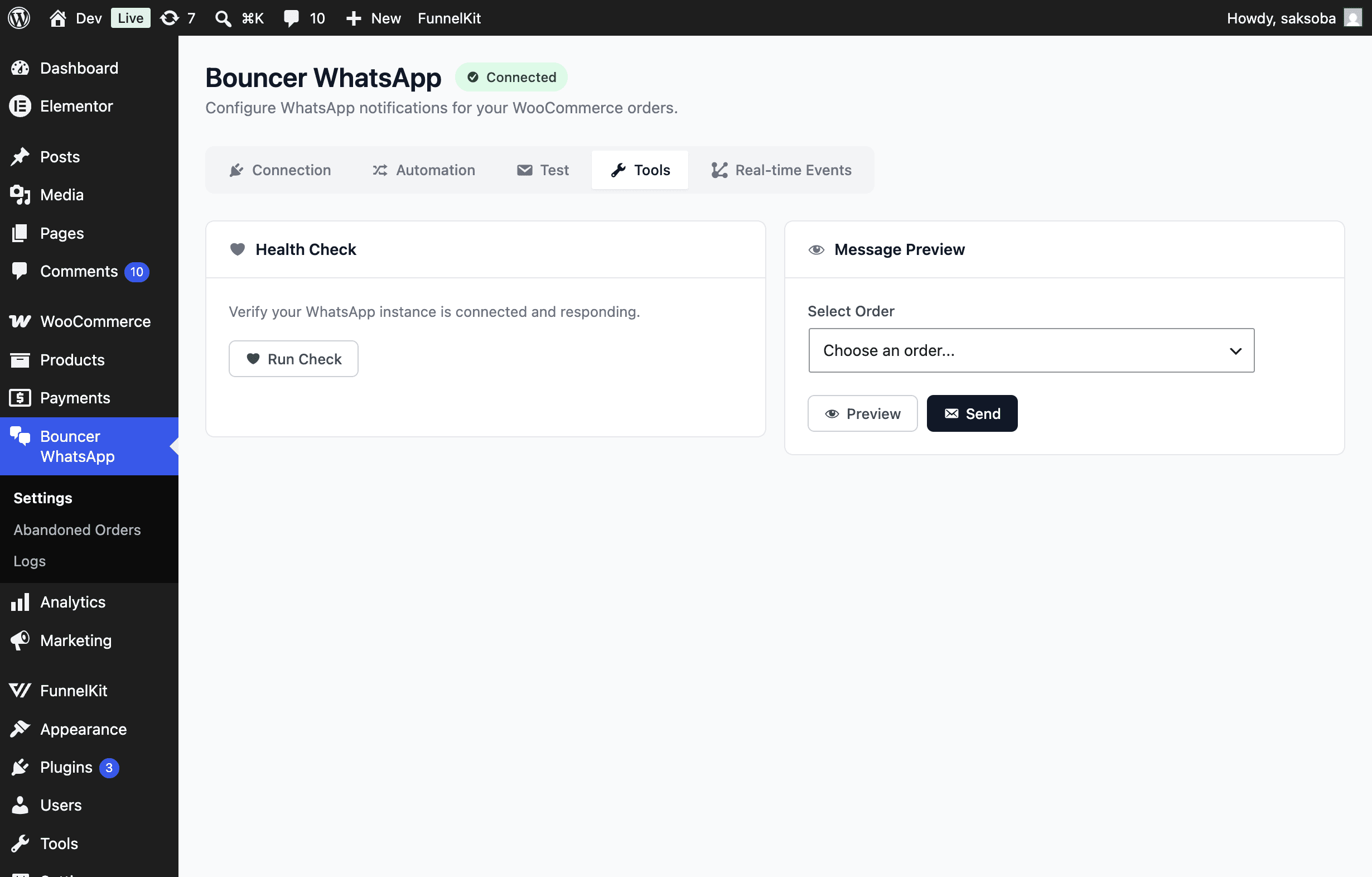 Bouncer WhatsApp Tools tab with Health Check and Message Preview